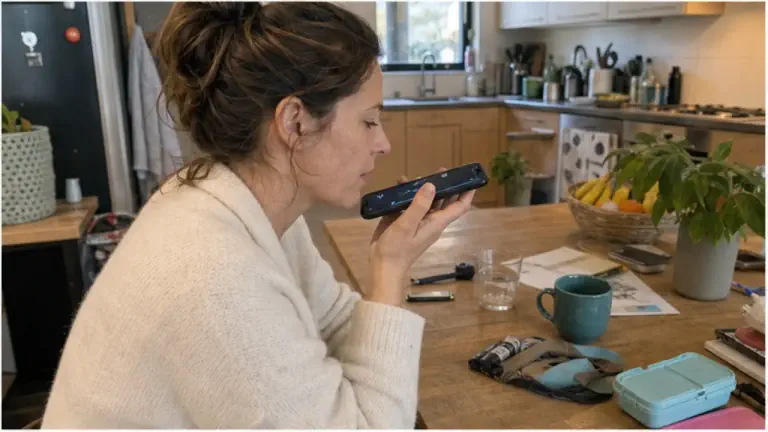 Een ouder spreekt een planning in via een telefoon aan een gewone keukentafel.