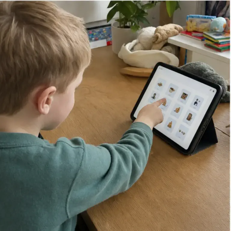 Een kind wijst naar visuele routinekaarten op een tablet aan de keukentafel.